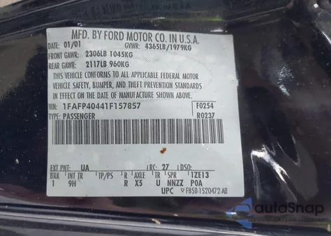 2001 Ford Mustang z USA, uszkodzony, nr VIN 1FAFP40441F157857